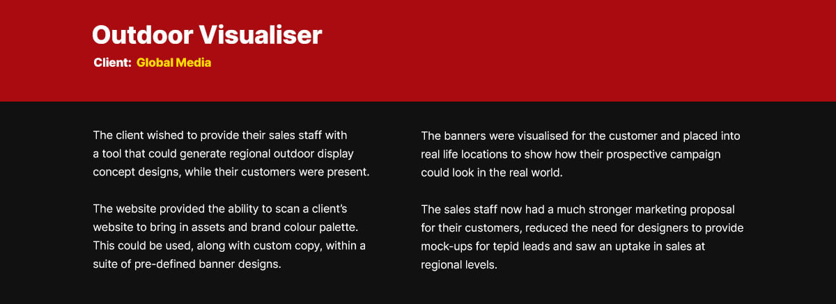 Client - Global Media. Website to generate outdoor banner designs for in-person customer visits.